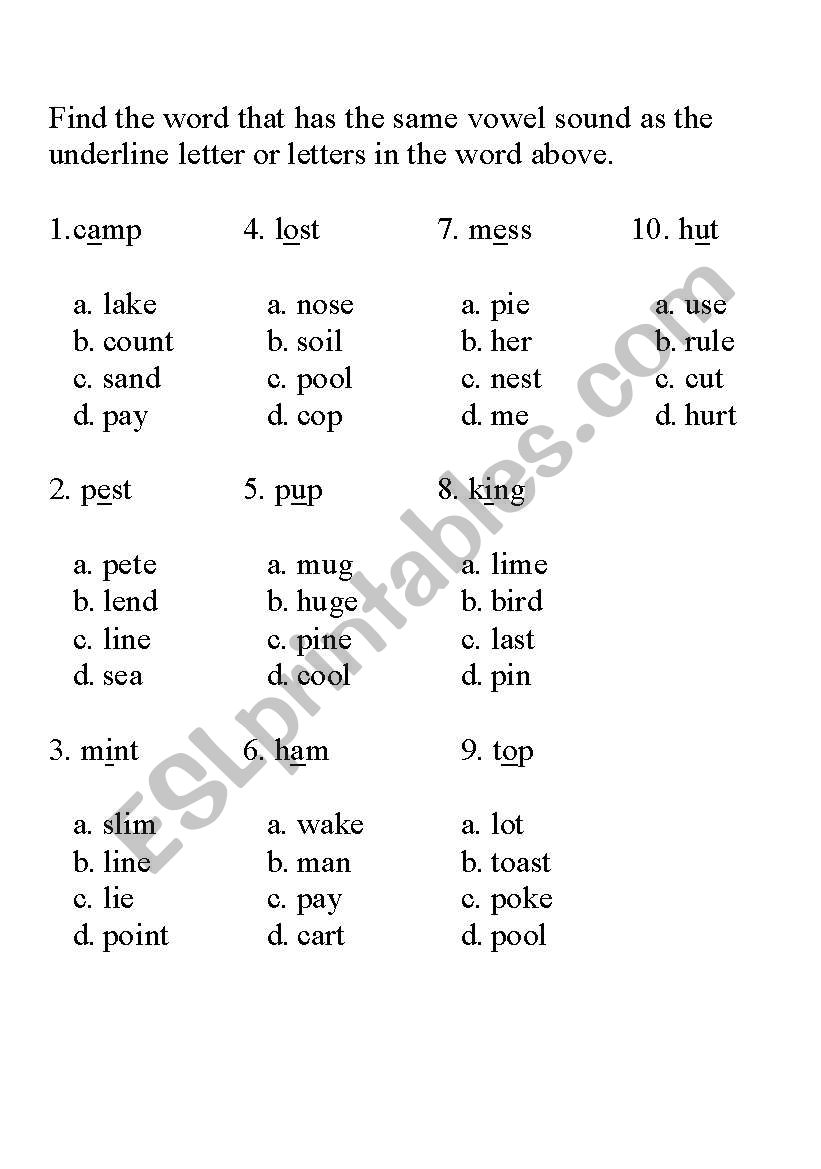 Short and Long Vowels Multiple Choice Test - ESL worksheet by epantoja Pertaining To Short And Long Vowel Worksheet