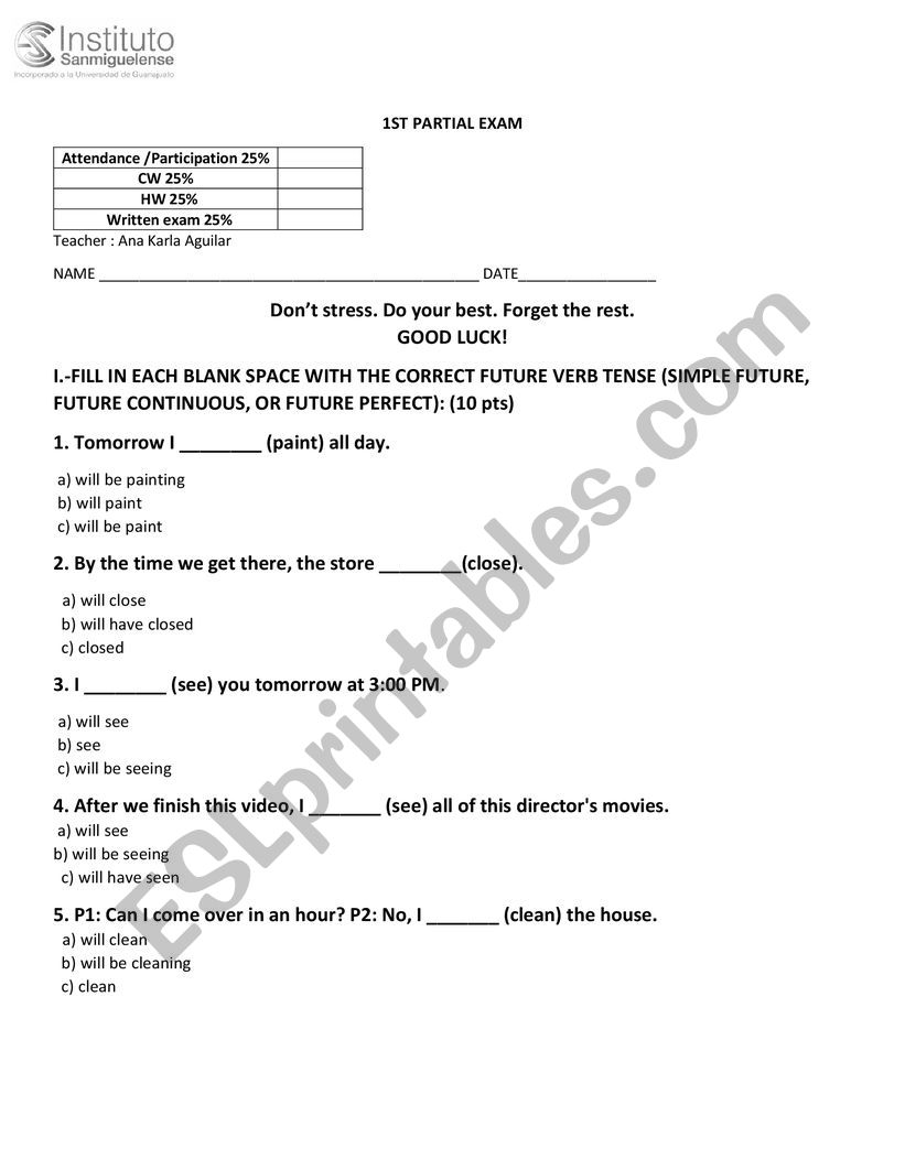 1st Partial Advance B2 worksheet