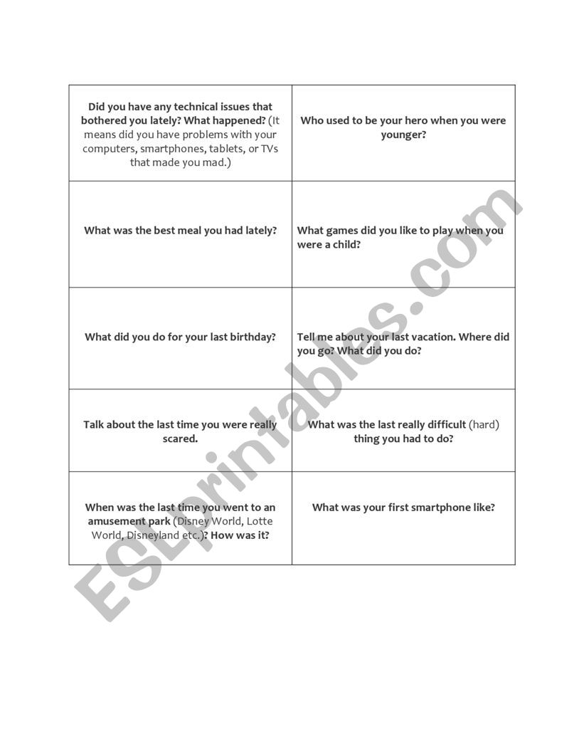 Speaking Cards on Simple Past Tense - ESL worksheet by Snlandu95