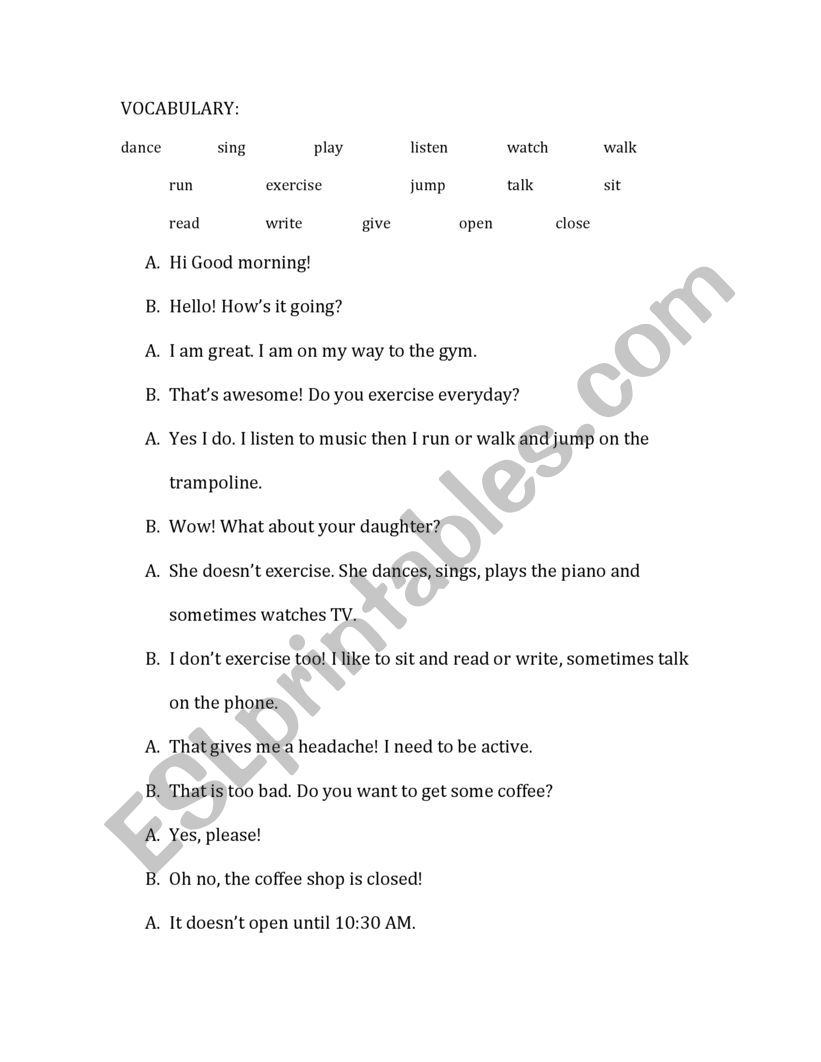 Present Simple Dialogue/ exercises (verbs)