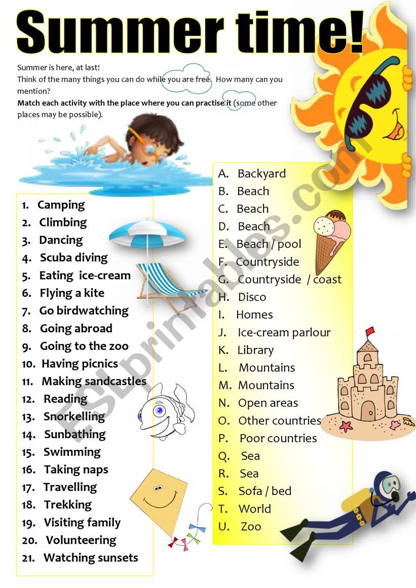 SUMMERTIME ACTIVITIES worksheet