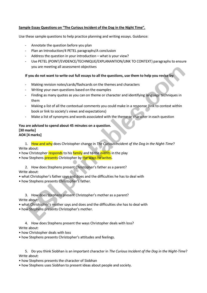 Curious Incident worksheet