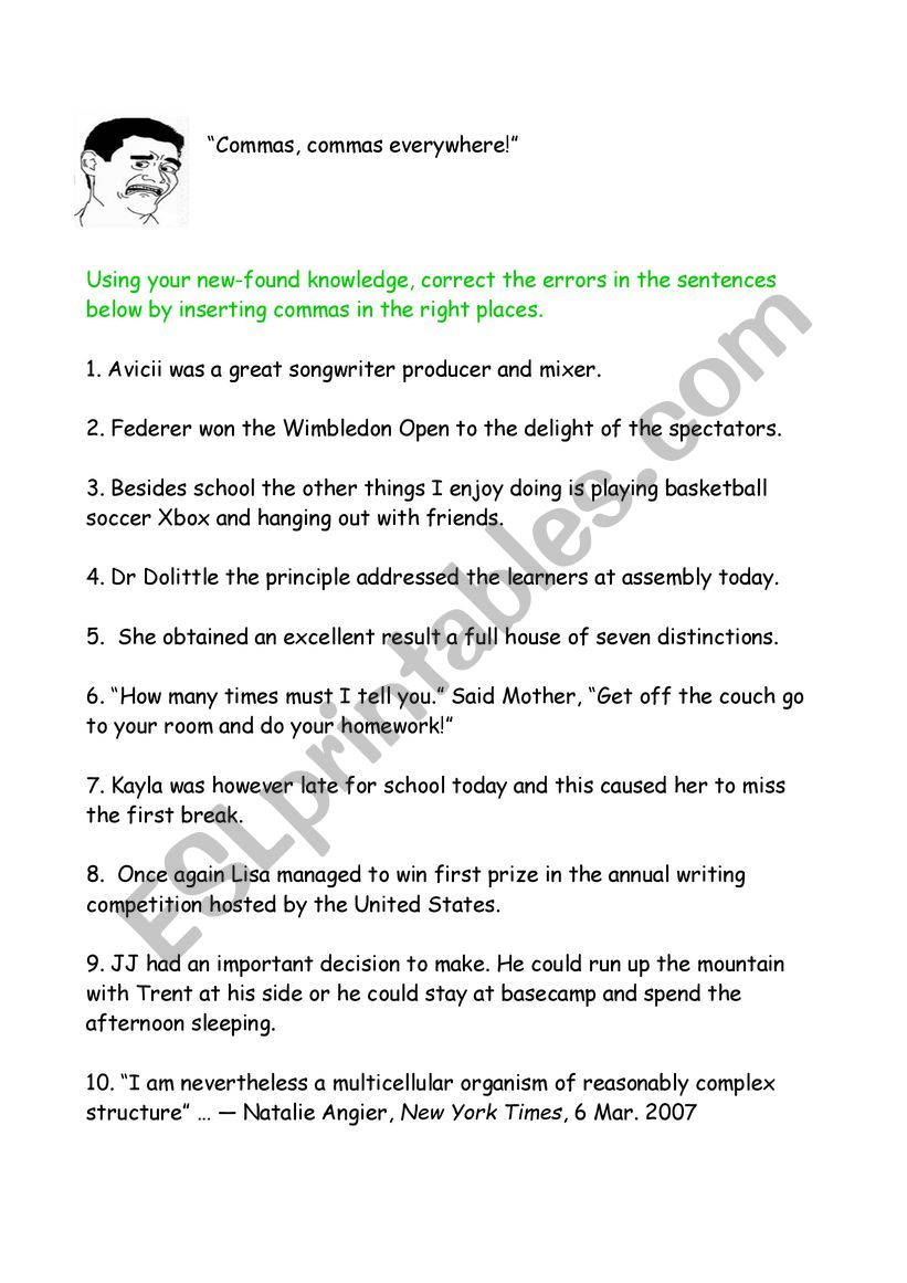 Practice Using Commas worksheet