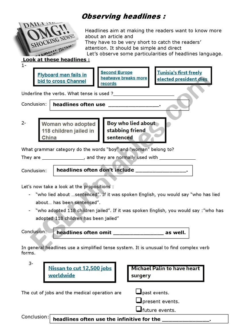 Observing headlines worksheet