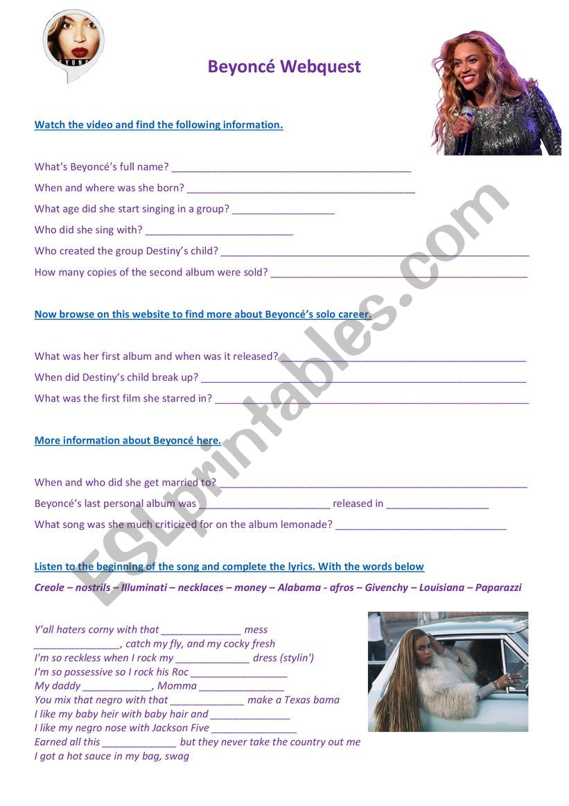Beyoncé webquest - ESL worksheet by jaydee974