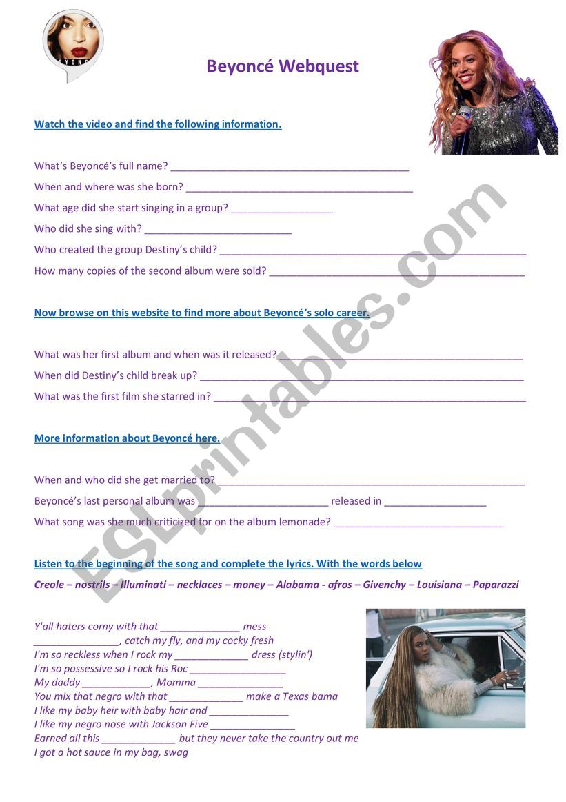 Beyonc webquest worksheet