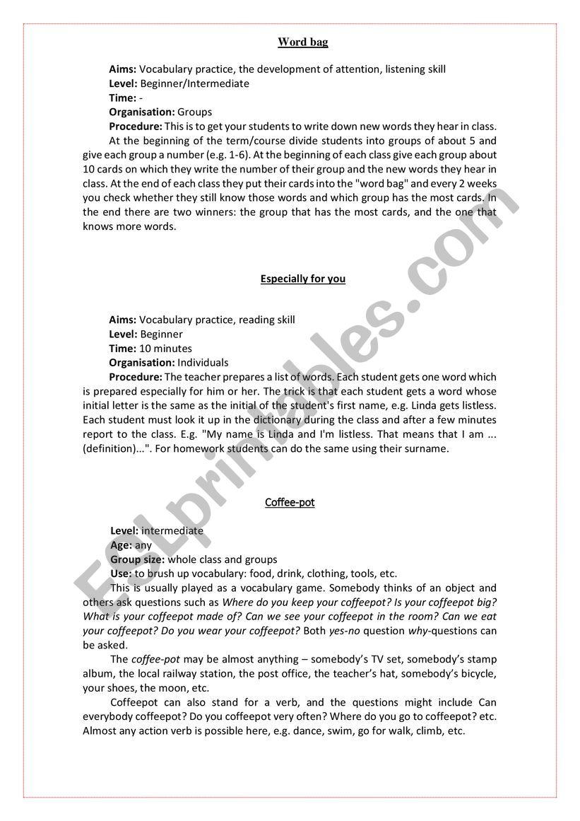 Vocabulary games worksheet