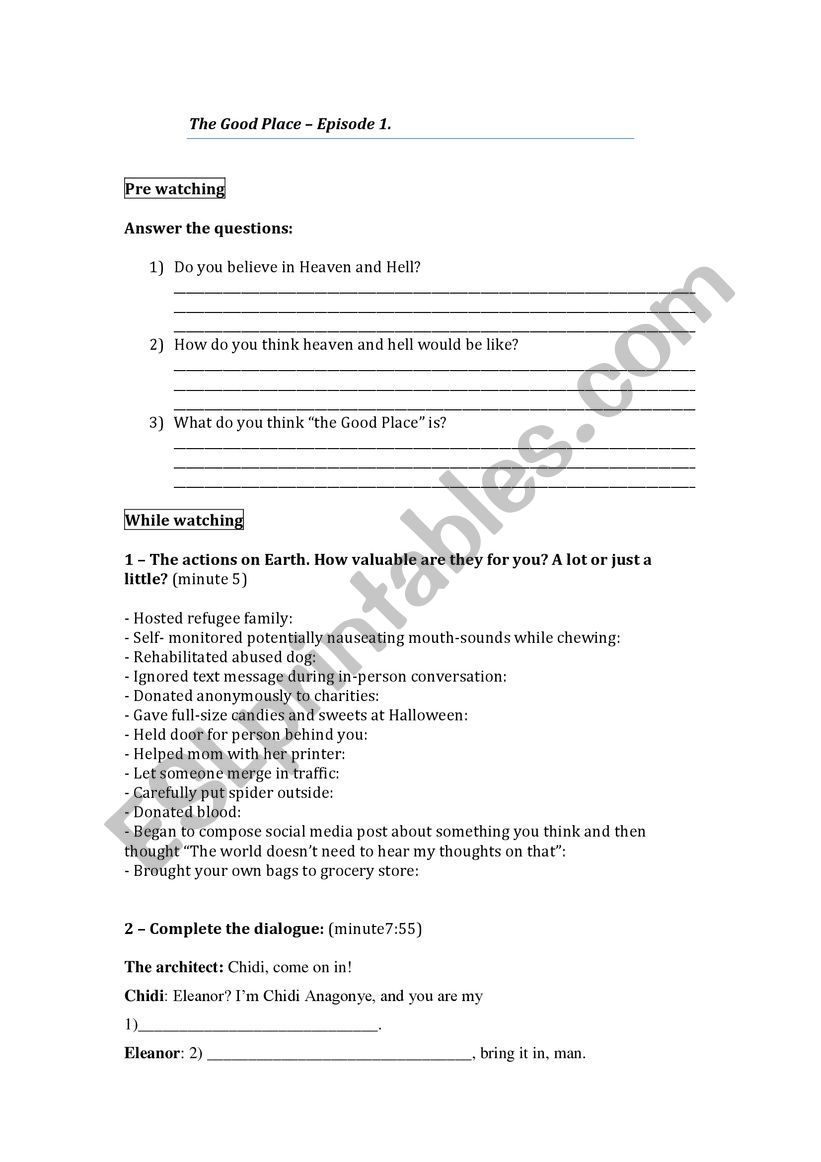 The Good Place. Ep. 1_ S.1 worksheet
