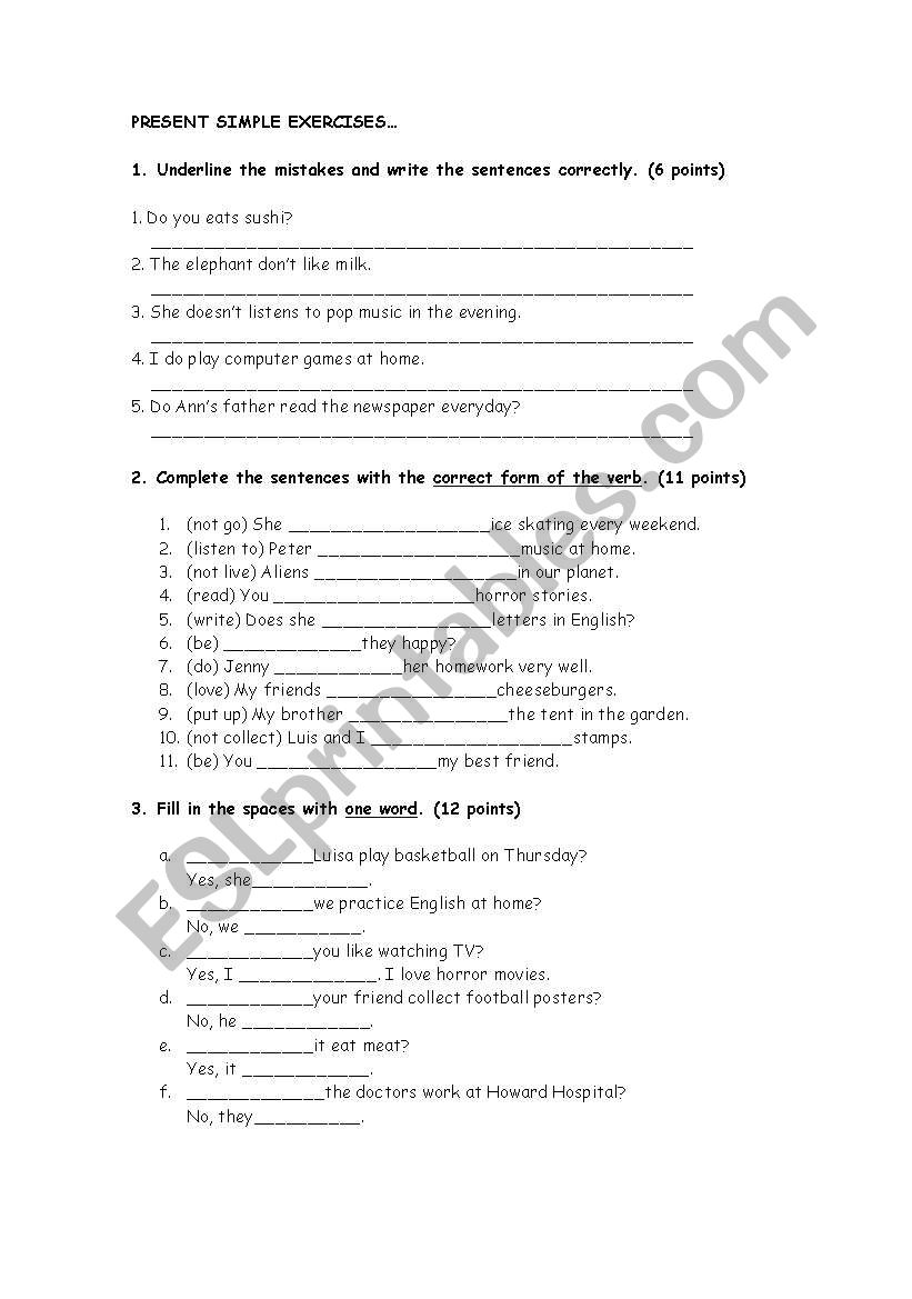 PRESENT SIMPLE EXERCISES worksheet