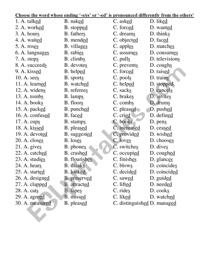 ed/es pronounce  worksheet