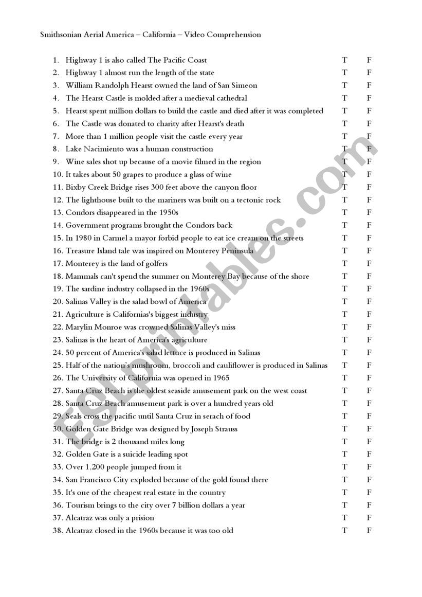 Video Comprehension Worksheet - Aerial America California
