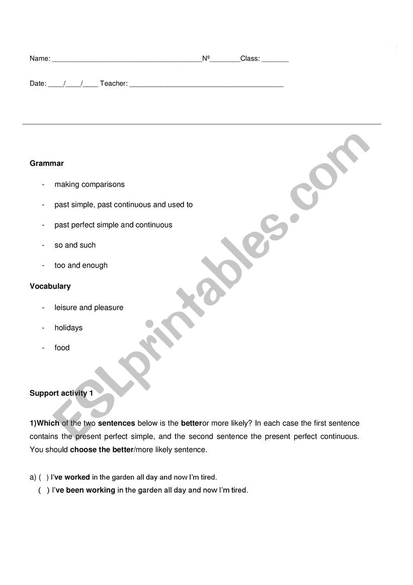 Support activities worksheet