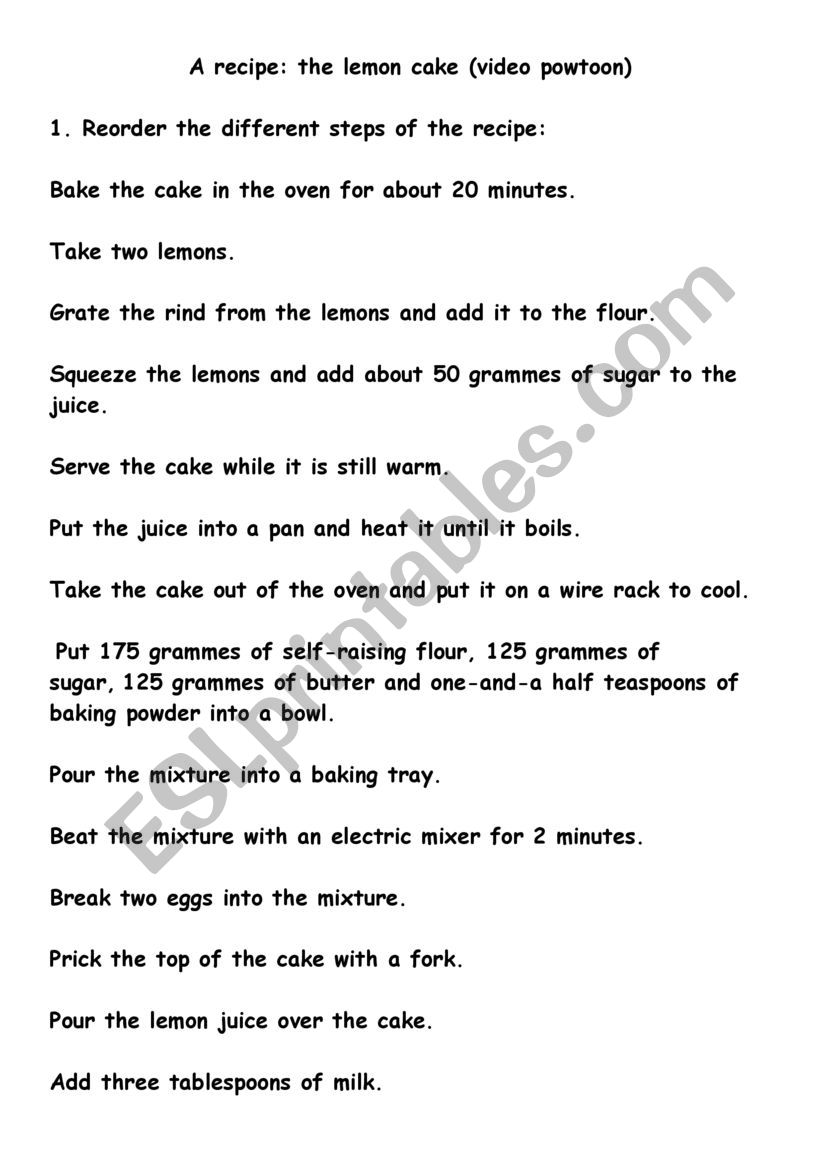 lemon cake recipe worksheet