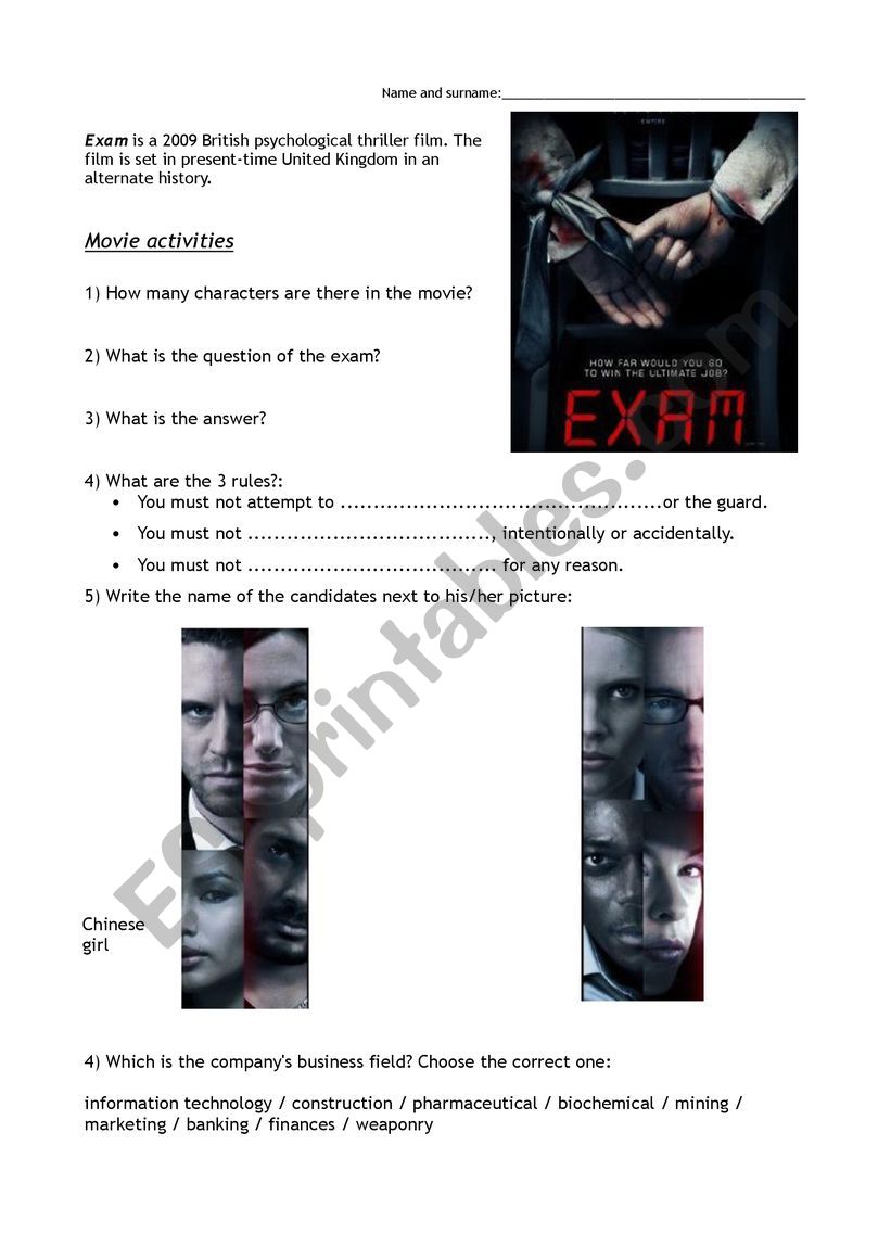 Exam, the movie worksheet