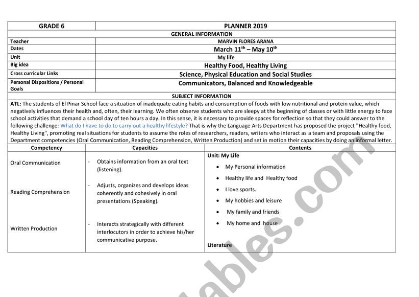 LESSON PLAN-HEALTHY LIFE worksheet