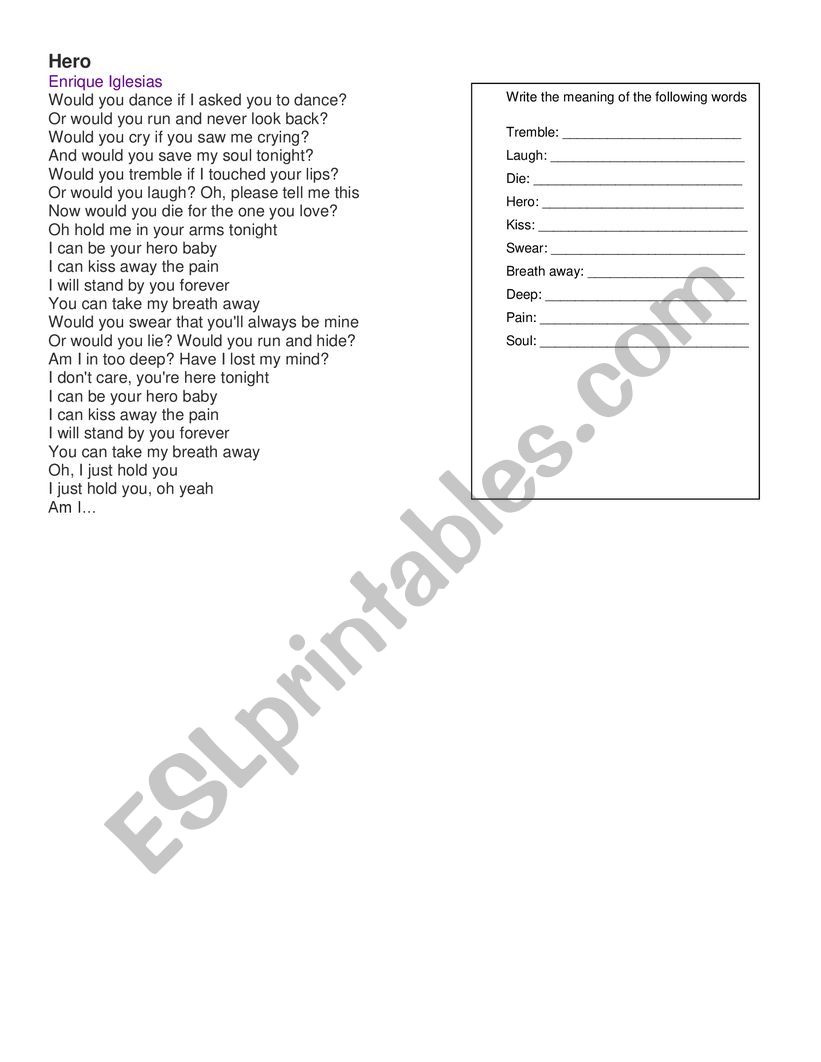 Hero, song  worksheet