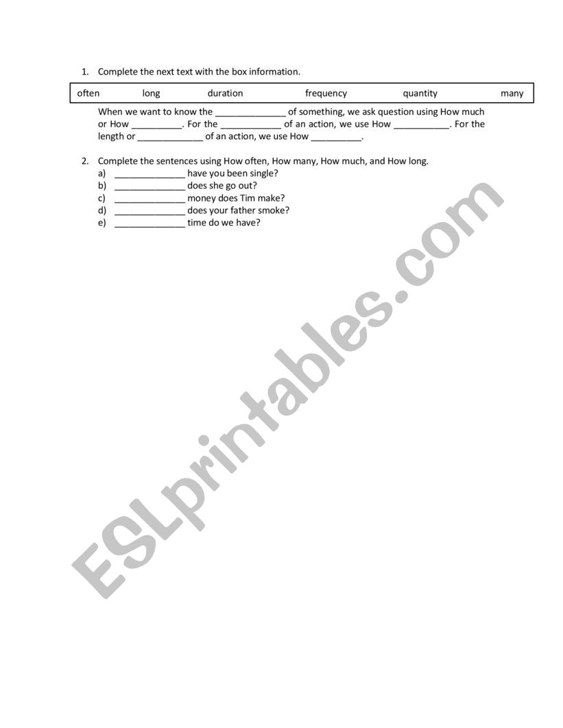 Quantity Duration Frequency worksheet