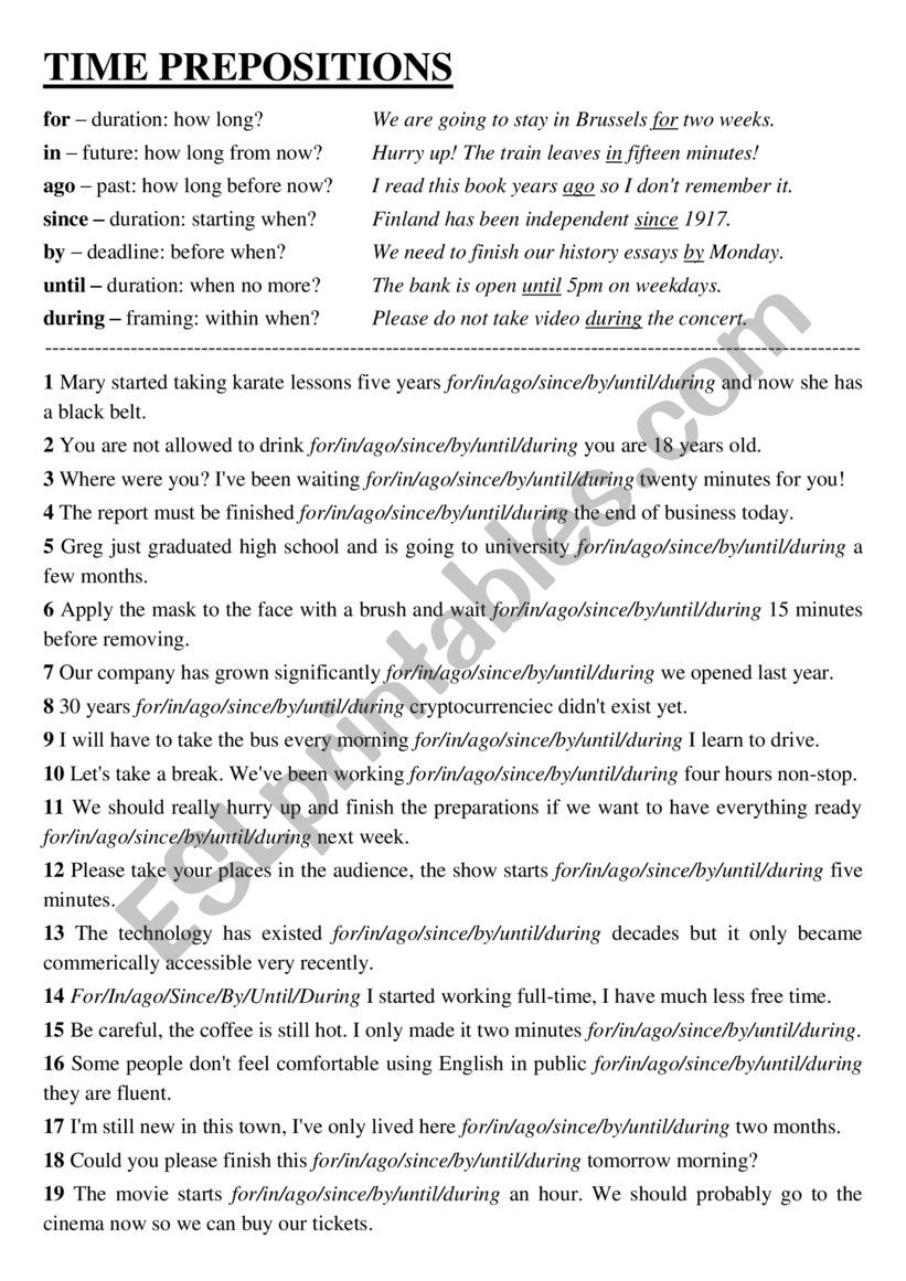 Time prepositions - mixed worksheet