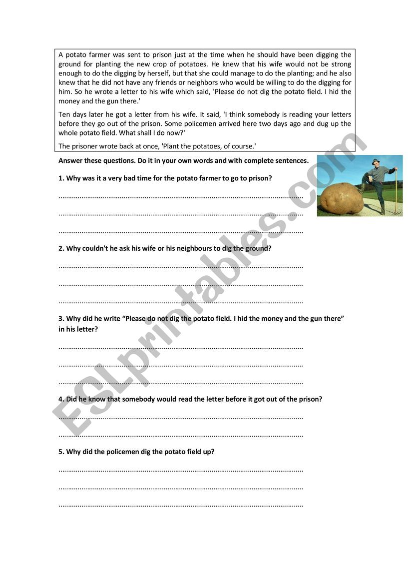 The Potato Farmer, A reading comprehension worksheet