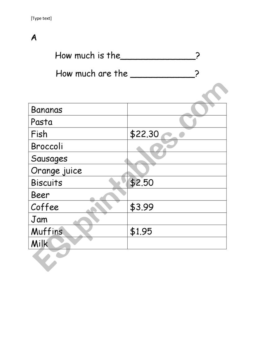 shopping asking worksheet