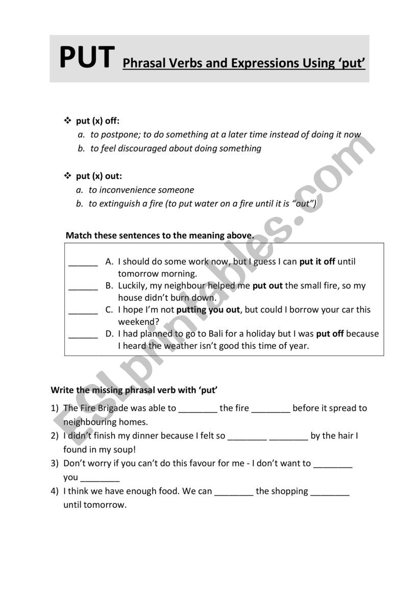 Phrasal verbs with PUT worksheet