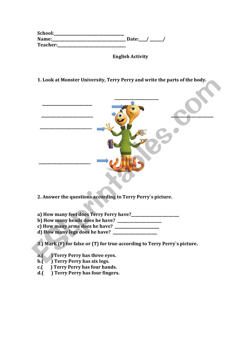 Parts of the body worksheet