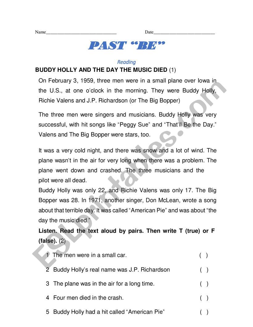 Past verb to be reading esl worksheet by babau100