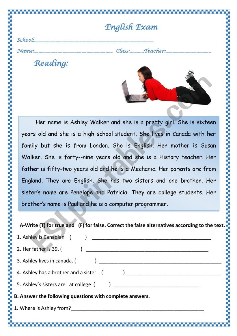 elementary test worksheet