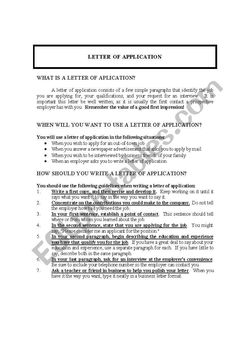 Letter of application tips worksheet