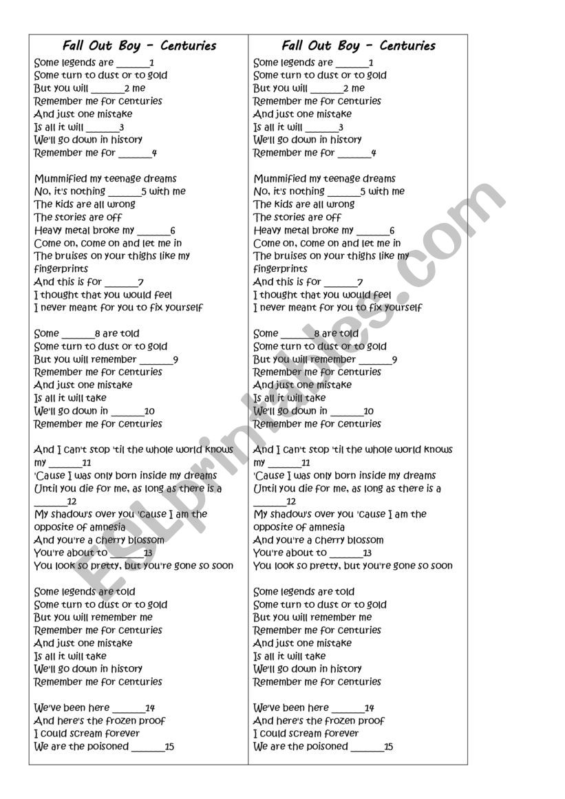 Fall Out Boy - Centuries song worksheet