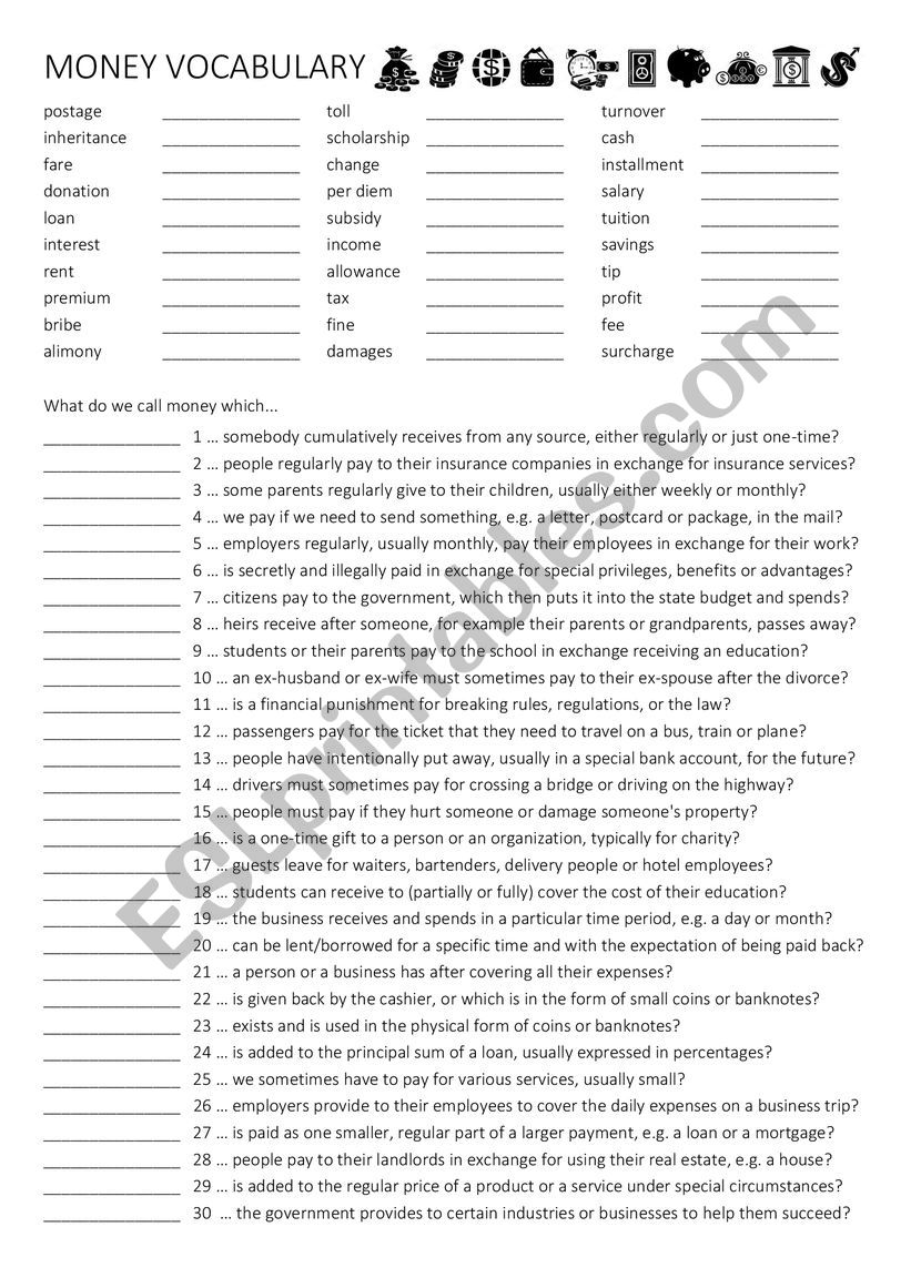 money vocabulary esl worksheet by evalore