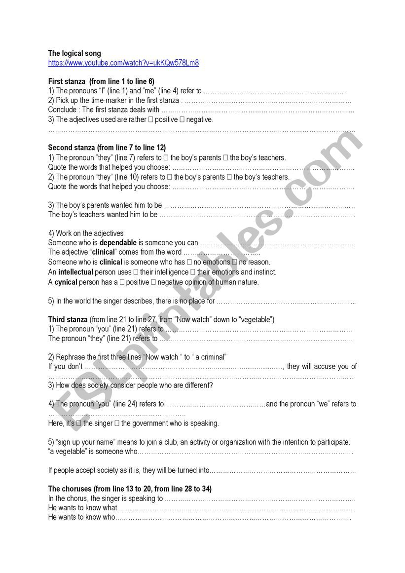 Logical Song worksheet