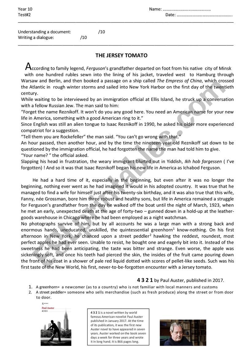 The Jersey Tomato worksheet
