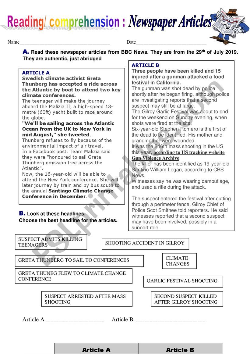 Newspaper articles reading comprehension activity