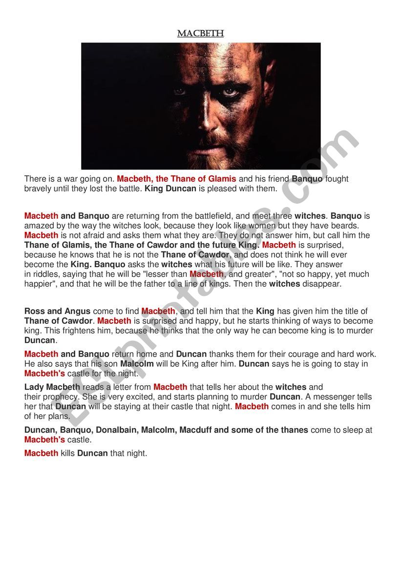 Jigsaw reading Macbeth 1 worksheet