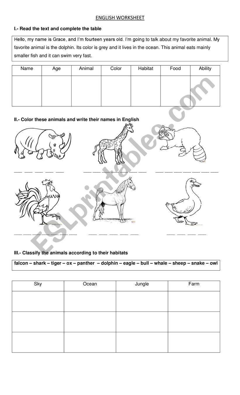 Animals worksheet