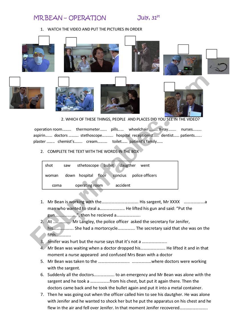 mr bean at hospital worksheet