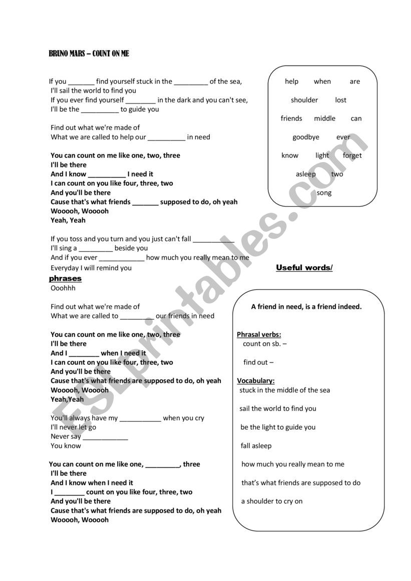 Count on me lyric worksheet worksheet