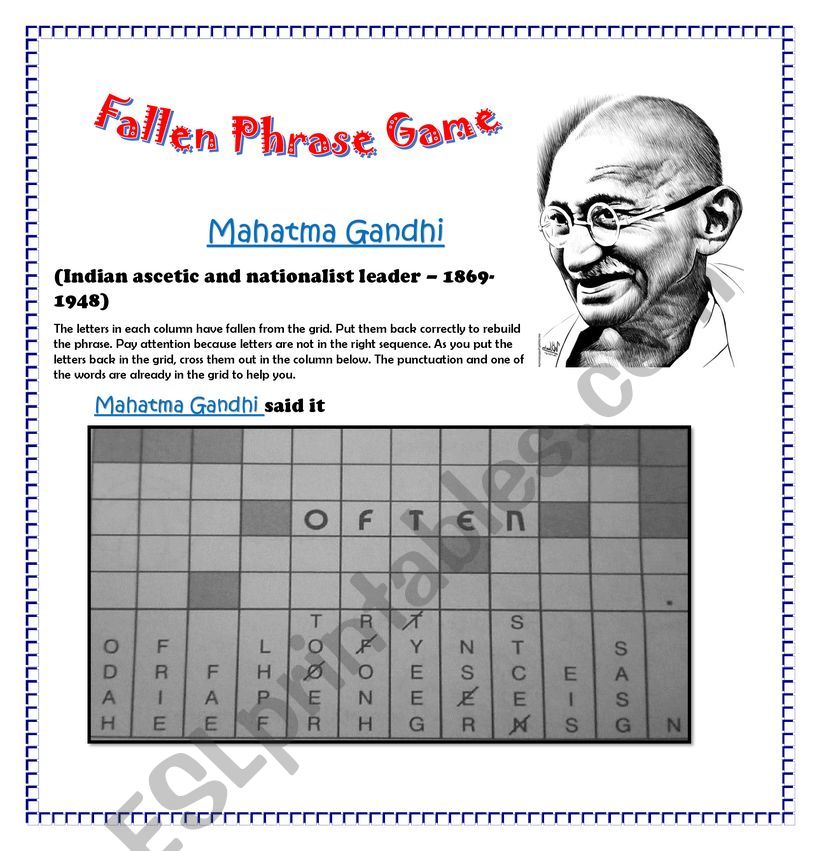 Ghandi- Fallen Phrase game worksheet