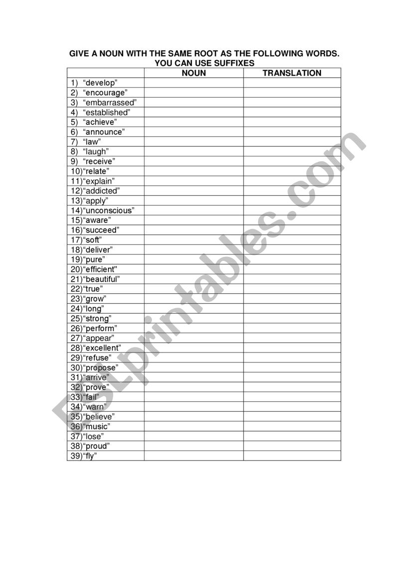 Noun Suffixes: Complete the chart using noun suffixes.