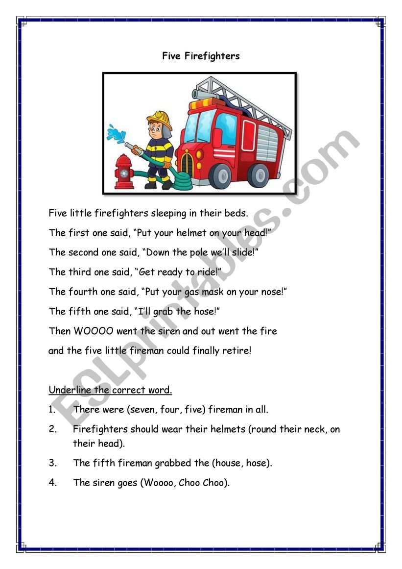 Fire fighters comprehension worksheet