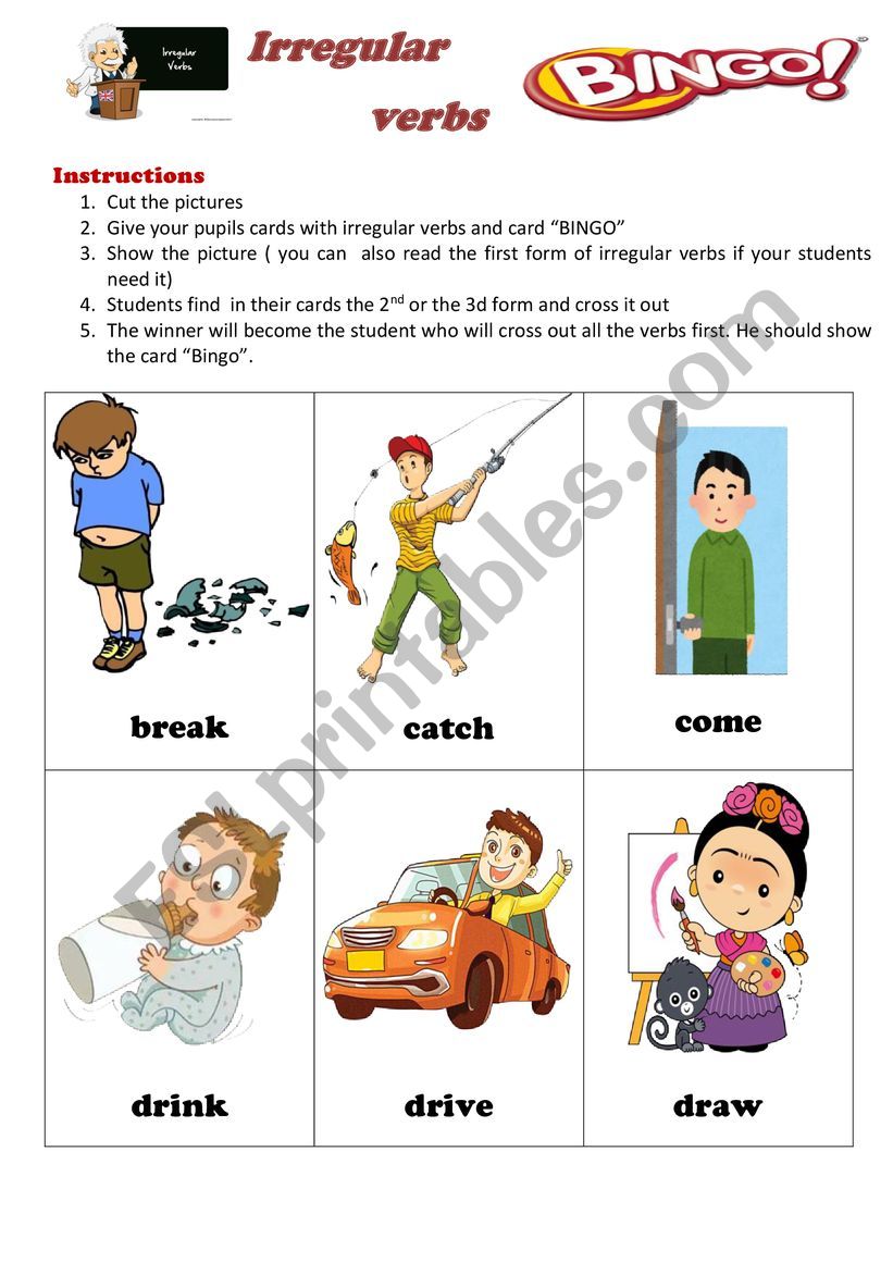 Bingo Game. Pictures with Irregular verbs and bingo cards