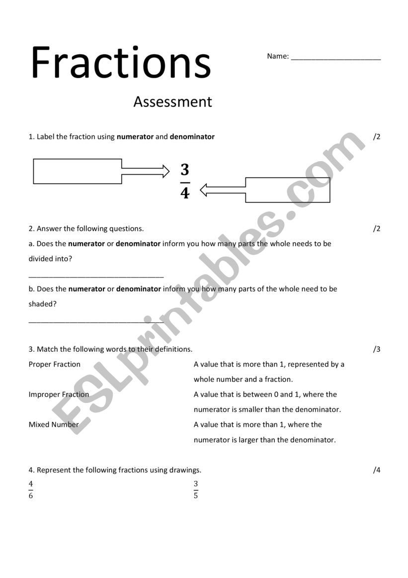 Stage 3 Fractions Assessment worksheet