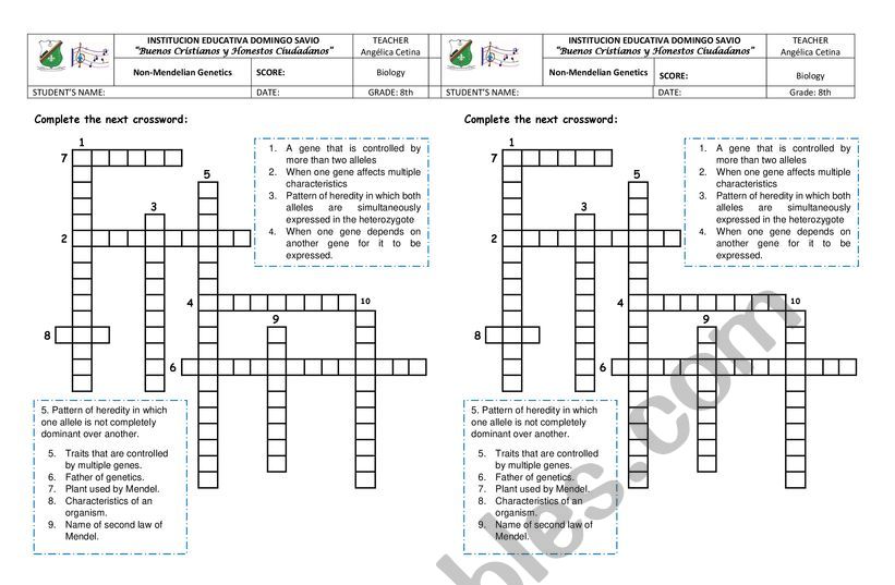 BIOLOGY CROSSWORD worksheet