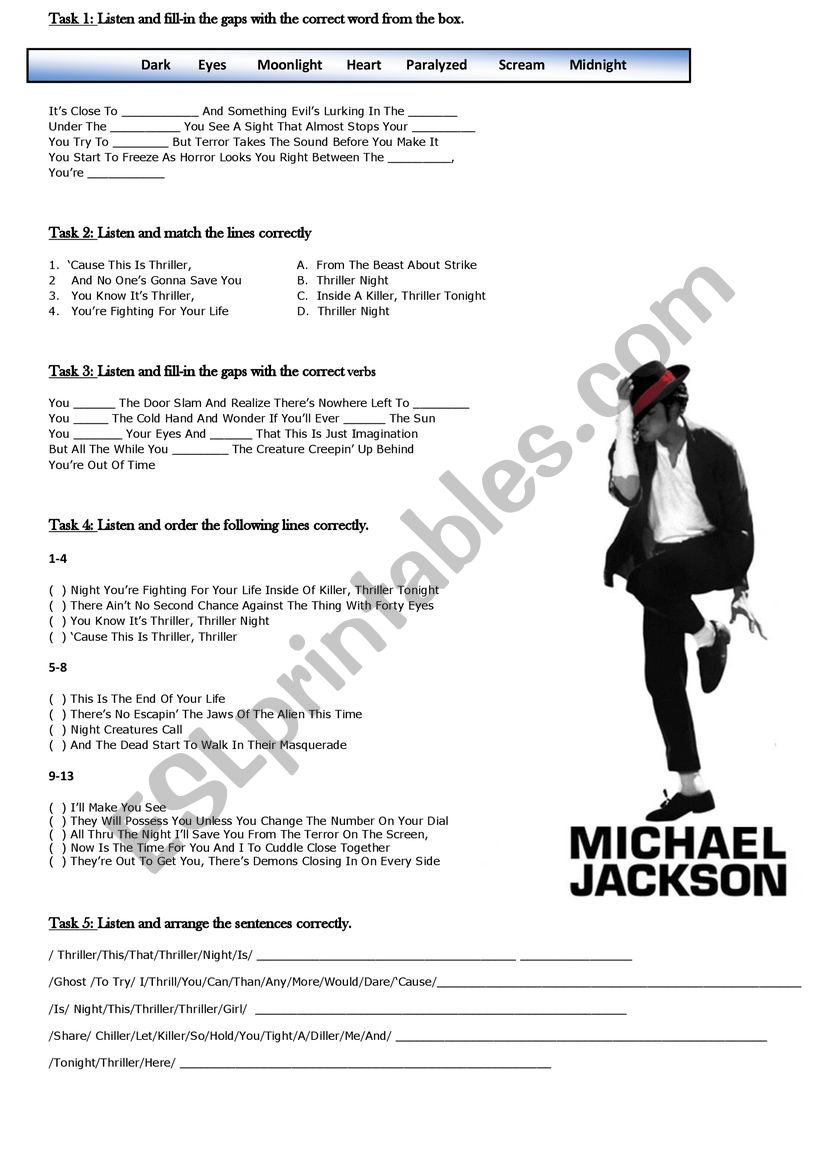 Thriller - Michael Jackson worksheet