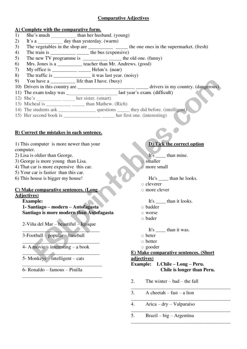 Comparative activities worksheet