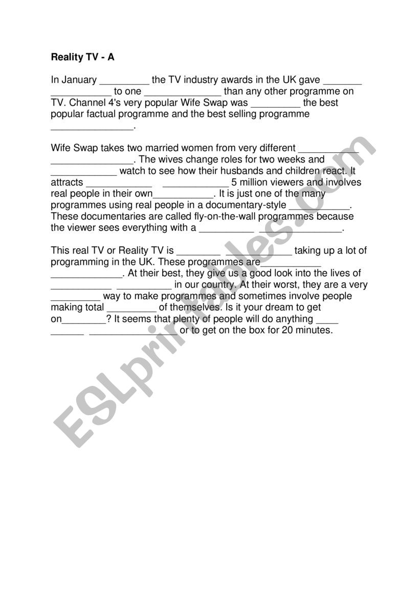 Reality TV Shouting Dictation worksheet
