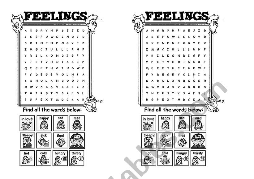 Feelings crossword worksheet