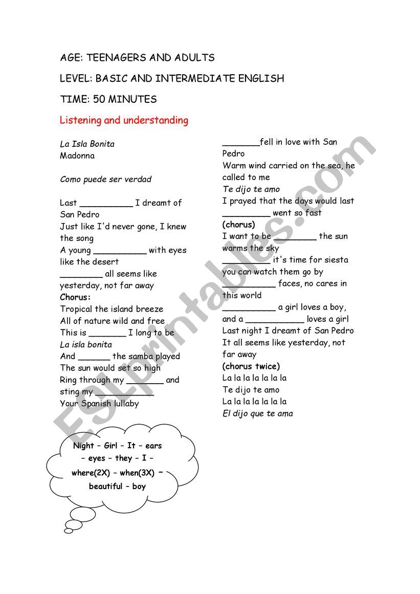 la isla bonita song worksheet