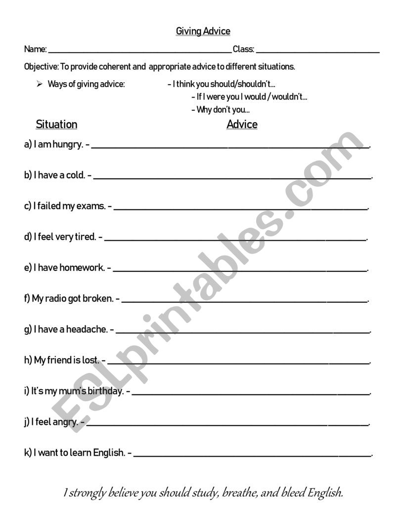 Giving advice worksheet